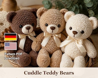 May include: Three plush teddy bears in dark brown, light brown, and cream colors, each featuring a soft textured finish, dark eyes, a brown stitched nose, and a cream-colored satin ribbon tied around the neck, all sitting inside a woven basket.