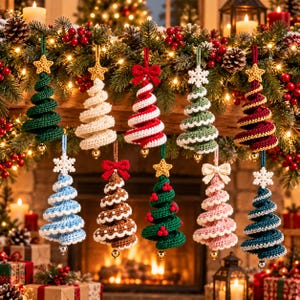 Ten crocheted spiral Christmas trees hanging from a pine garland above a lit fireplace