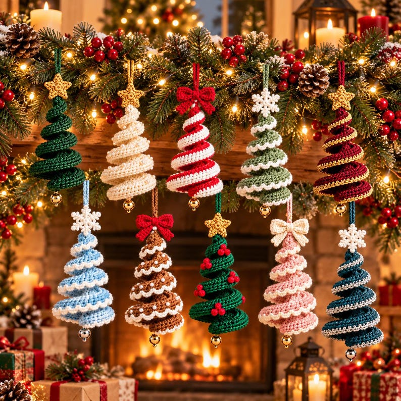 Ten crocheted spiral Christmas trees hanging from a pine garland above a lit fireplace