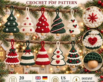 May include: A crochet PDF pattern for 10 Christmas tree designs featuring ornaments in red, white, and green with various textures and embellishments. The document includes 20 illustrated pages, English and German instructions, and US crochet terms.