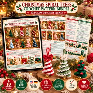 Christmas spiral trees crochet pattern bundle shown on a tablet and printed pages with three finished spiral trees, 10 ornament designs, step-by-step photo guide, beginner friendly