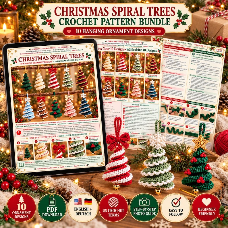 Christmas spiral trees crochet pattern bundle shown on a tablet and printed pages with three finished spiral trees, 10 ornament designs, step-by-step photo guide, beginner friendly
