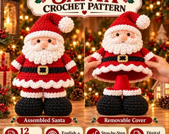 May include: A crochet pattern for a Santa Claus figure, featuring a red and white hat, a white beard, a red coat with a black belt and gold buckle, and black boots. The pattern includes 12 illustrated pages in English and German.