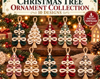 May include: A collection of ten macrame Christmas tree ornaments featuring looped cord in various colors including green, red, pink, and tan, accented with white beads and a small tassel at the base. The text reads Christmas Tree Ornament Collection.