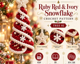 May include: A crochet pattern titled Christmas Spiral Tree Collection Ruby Red & Ivory Snowflake Tree 02. The image shows a red and ivory spiral tree ornament with a star topper, snowflake accents, and a silver bell. Includes PDF details.