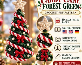 May include: A crochet PDF pattern for a Candy-Cane Forest Green Christmas tree ornament. The design features a green tree with red and white twisted yarn, small red bows, white beads, and a beige star topper with a gold bell at the base.