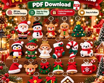 May include: A digital graphic featuring twenty crochet keychain designs including Santa, a snowman, reindeer, gingerbread person, Christmas tree, penguin, elf, angel, stocking, candy cane, polar bear, hat, wreath, bell, mug, poinsettia, and house.