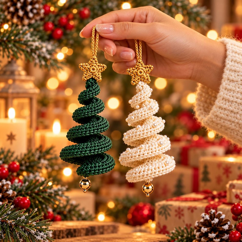 Hand holding a dark green crochet spiral tree and an ivory spiral tree with pearl beads, both with gold star toppers and gold bells