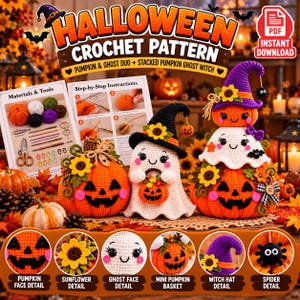 Op de afbeelding: Een digitaal haakpatroon voor Halloween met een pompoen- en spookduo, een gestapelde pompoen-spookheks en stapsgewijze instructies. De afbeelding toont voltooide gehaakte items, waaronder pompoenen, spoken en een spin.