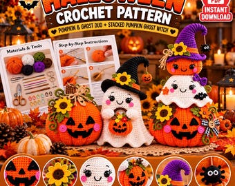 May include: A digital crochet pattern for Halloween featuring a pumpkin and ghost duo, a stacked pumpkin ghost witch, and step-by-step instructions. The image displays finished crocheted items including pumpkins, ghosts, and a spider.