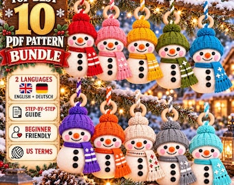 May include: A digital advertisement for a top 10 PDF pattern bundle featuring ten crocheted snowman ornaments in various colors, each with a matching hat and scarf, hanging from a wooden ring. The text includes English and German language options.