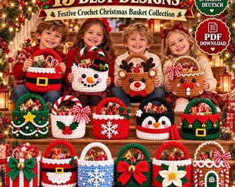 May include: A collection of 15 festive crochet Christmas baskets featuring various holiday designs including Santa, snowmen, reindeer, penguins, elves, and snowflakes. The image displays text reading 15 BEST DESIGNS Festive Crochet Christmas Basket Collection.