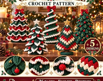 May include: A digital crochet pattern for five Christmas tree designs, featuring text that reads CHRISTMAS TREE CROCHET PATTERN, 5 DESIGNS, and 36 PAGES ENGLISH + DEUTSCH. The image displays five distinct crocheted trees in red, green, and white.