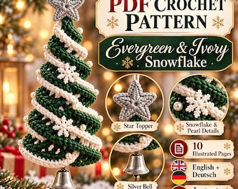 May include: A crochet pattern for an evergreen and ivory Christmas tree ornament. The design features a green and white spiral tree with a grey star topper, white snowflake accents, pearl beads, and a silver bell at the base.