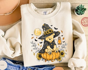 Spooky Witch Bear Shirt, Cute Halloween Pumpkin Graphic Tee, Vintage Fall Aesthetic Sweatshirt