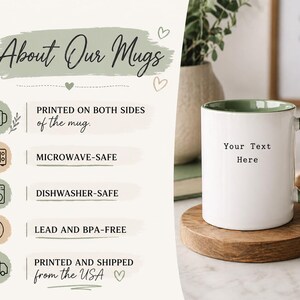 The image is a promotional graphic for a company that sells mugs. It features a white mug with green trim, placed on a wooden coaster, and includes text and icons that describe the features of the mugs.