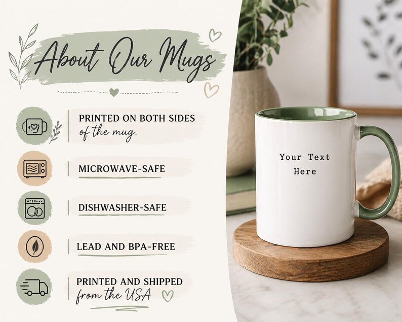 The image is a promotional graphic for a company that sells mugs. It features a white mug with green trim, placed on a wooden coaster, and includes text and icons that describe the features of the mugs.