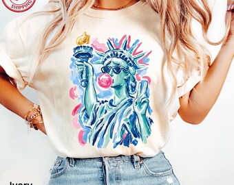 Comfort Colors® Preppy Brushstroke Statue of Liberty Blowing Bubble Shirt, USA Independence Day,America 4th July Girly Tshirt