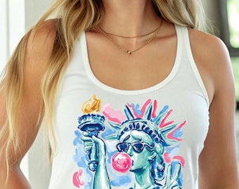 Brushstroke Statue of Liberty Blowing Bubble Top, USA Tank Top,America 4th July,Summer Tank Top