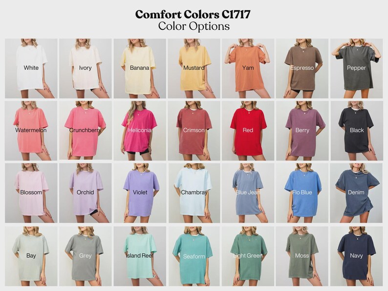 The image is a collage of 24 different color options for t-shirts, including white, ivory, banana, mustard, yam, espresso, pepper, watermelon, crunchberry, helioplex, crison, red, berry, black, and blue.