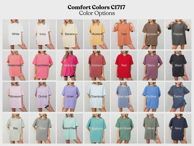 Puede incluir: Una cuadr&iacute;cula de camisetas Comfort Colors C1717 en varios colores, incluyendo blanco, marfil, pl&aacute;tano y mostaza. Otros colores incluyen rojo, negro y marino. El texto "Color Options" est&aacute; encima de las camisetas.