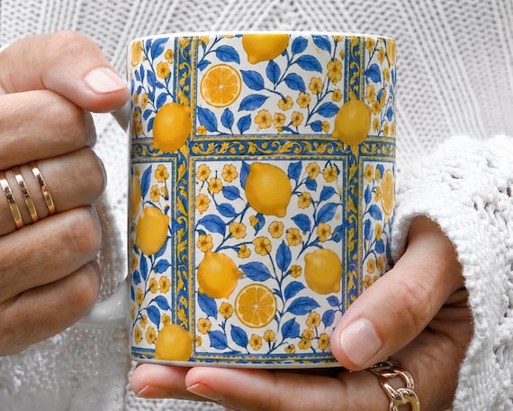 Summer Lemon Pattern Watercolor Coffee Mug, Color Handle Mug, Gift For Coffee Lover, Kitchen Accessories