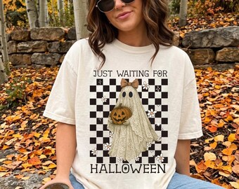 Comfort Colors®Just Waiting For Halloween Shirt, Ghost Tshirt, Lace Ghost Tee, Pumpkin Season Tshirt, Harvest Tee