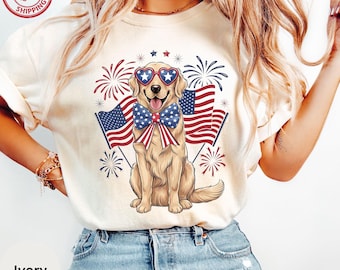 American Dog Tshirt, USA Flag Tee, Golden Retriever Lover Gift, 4th Of July Shirt