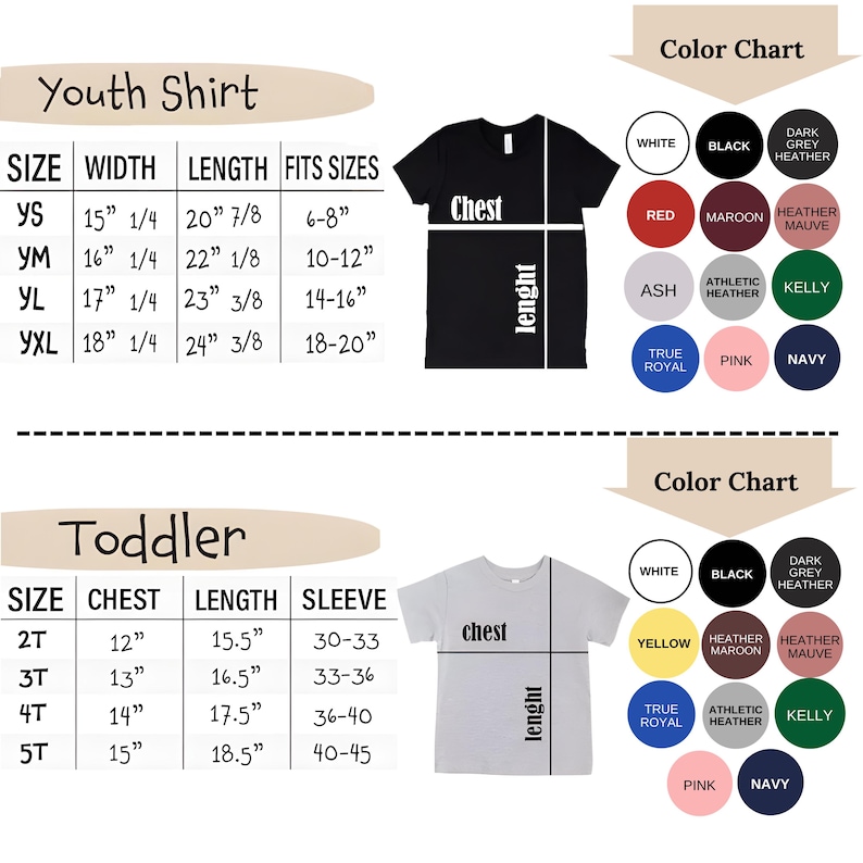 The image is a color chart for a youth shirt, providing size, width, length, and sleeve measurements for different shirt styles, including a toddler size.