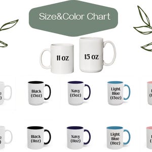 a collection of white mugs with different colors and sizes, arranged in a grid format. The mugs are labeled with their respective sizes and colors, providing a size and color chart for users to choose from.
