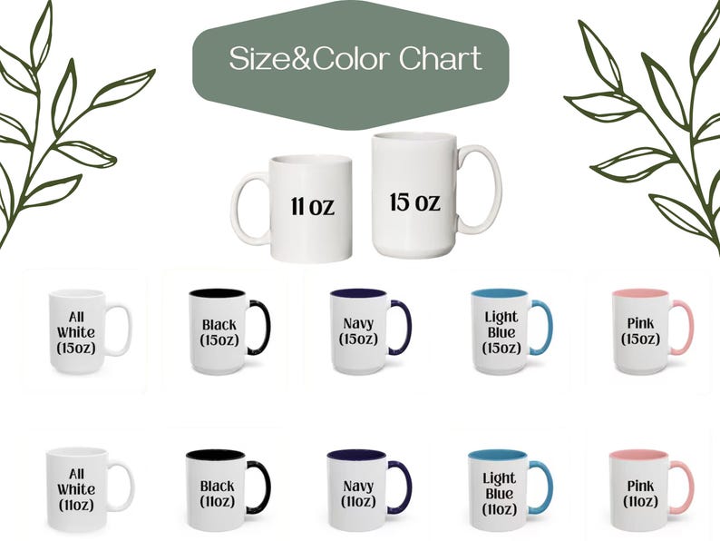 a collection of white mugs with different colors and sizes, arranged in a grid format. The mugs are labeled with their respective sizes and colors, providing a size and color chart for users to choose from.