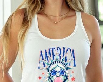 Preppy Brushstroke Statue of Liberty Blowing Bubble Top, USA Tank Top,America 4th July