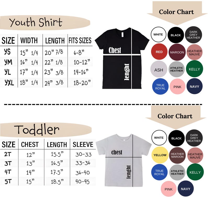 The image is a color chart for a youth shirt, providing size, width, length, and sleeve measurements for different shirt styles, including a toddler size.