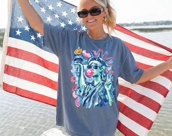 Comfort Colors® Preppy Brushstroke Statue of Liberty Blowing Bubble Shirt, Funny USA Independence Day,America 4th July Girly Tshirt