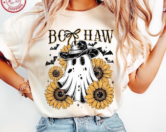 Comfort Colors®Boo Haw Halloween Shirt, Western Ghost Tee, Cowgirl Halloween Shirt, Cute Spooky Ghost Graphic, Sunflower Fall