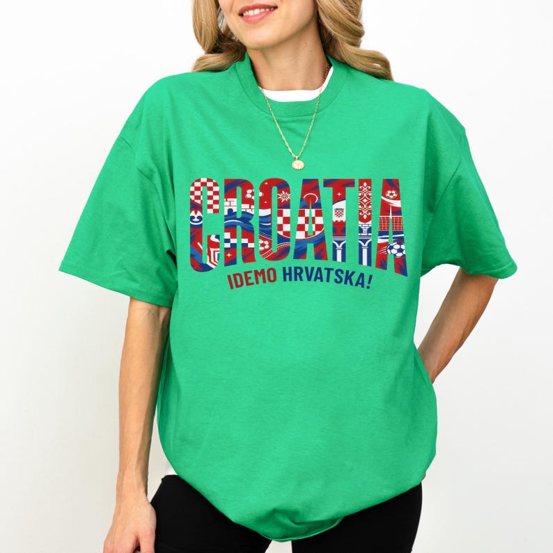 A woman wearing a green t-shirt with the word "Croatia" printed on it.