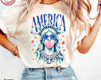 Comfort Colors®  USA Independence Day,America 4th July,Girly Tshirt,Preppy Brushstroke Statue of Liberty Blowing Bubble Shirt,