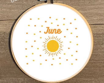 PDF TÉLÉCHARGEMENT NUMÉRIQUE « Juin » Cross Stitch Chart Summer Cross Stitch Months of the Year Sun Sunshine Cross Stitch Pattern Chart Wall Art