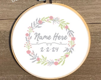 Customizable Baby Girl Name and Birthday Cross Stitch Pattern, Pink Wreath and Newborn Girl Name Counted Cross Stitch Chart, Newborn Gift