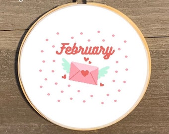 PDF DIGITAL DOWNLOAD "February" Cross Stitch Chart Pattern Valentine's Day Counted Cross Stitch Pattern for February 12 Months Cross Stitch