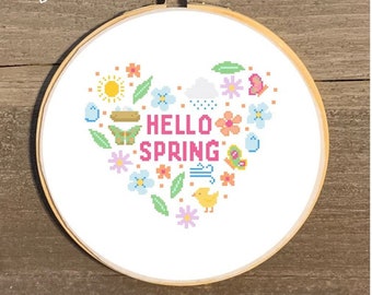 Spring Cross Stitch Pattern, Hello Spring Cross Stitch Chart, Spring PDF DIGITAL DOWNLOAD, Spring Wall Art, Spring Cross Stitch Decor