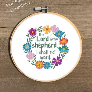 Psalm 23 Counted Cross Stitch Pattern, The Lord is My Shepherd Cross Stitch Chart, Bible Verse Cross Stitch Chart Wreath Flower Cross Stitch