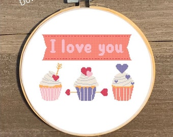 I Love You Cross Stitch Pattern, Cupcake Valentine Cross Stitch Chart, Valentine Cross Stitch PDF, Cupcakes Cross Stitch Pattern Download