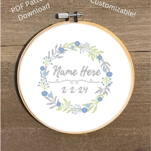 Gráfico de ponto cruz personalizado para bebê menino, guirlanda de menino recém-nascido com nome e padrão de ponto cruz de aniversário, presente para menino recém-nascido, padrão de guirlanda