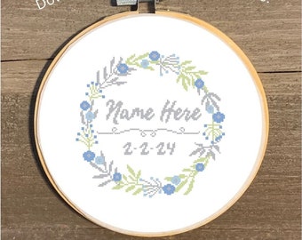 Personalized Baby Boy Cross Stitch Chart, Newborn Boy Wreath with Name and Birthday Cross Stitch Pattern, Newborn Boy Gift, Wreath Pattern