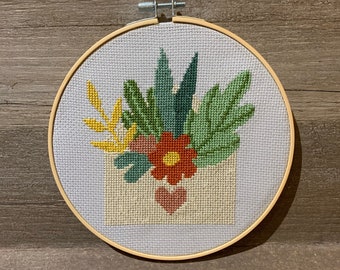 Finished, Framed Flower Cross Stitch, Pretty Floral Envelope Cross Stitch, Gray Aida Cross Stitch Embroidery Hoop Art Flower Cross Stitch