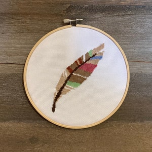 Colorful Feather Cross Stitch Finished and Framed Feather Cross Stitch Embroidery Hoop Art Feather Wall Art Framed Feather Art Ready to Ship