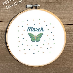 PDF DIGITALE DOWNLOAD "Maart" Cross Stitch Chart Patroon Lente Vlinder Cross Stitch Patroon Maanden van het Jaar Cross Stitch Set Muurkunst