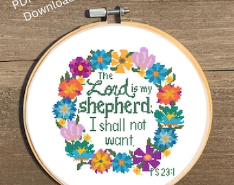 Psalm 23 Blomsterkrans korsstygnsmönster (PDF-nedladdning)