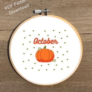 Kruissteekpatroon van oktober, kruissteekschema van oktober herfst, kruissteekpatronen van de maanden van het jaar, kruissteek van pompoen, kunst van oktober